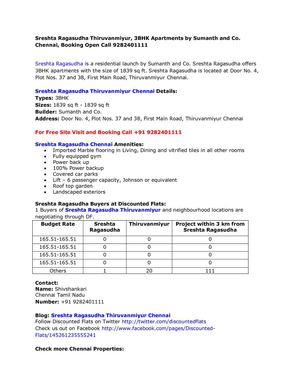 Sreshta Ragasudha Thiruvanmiyur, 3BHK Apartments by Sumanth and Co. Chennai, Booking Open Call 9282401111