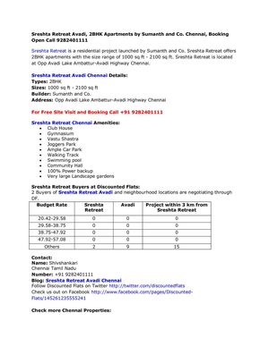 Sreshta Retreat Avadi, 2BHK Apartments by Sumanth and Co. Chennai, Booking Open Call 9282401111