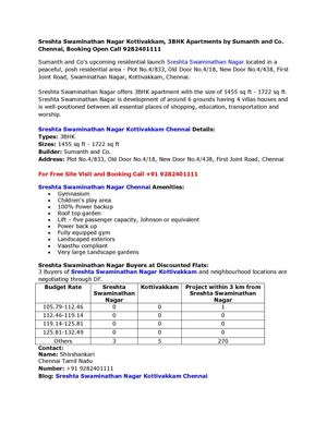 Sreshta Swaminathan Nagar Kottivakkam, 3BHK Apartments by Sumanth and Co. Chennai, Booking Open Call 9282401111