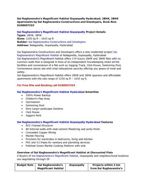 Sai Raghavendra's Magnificent Habitat Gopanpally Hyderabad, 2BHK, 3BHK Apartments by Sai Raghavendra Constructions and Developers, Book Now 9248007333