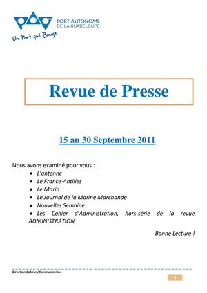 Revue de Presse du Pag 16-30 septembre 2011
