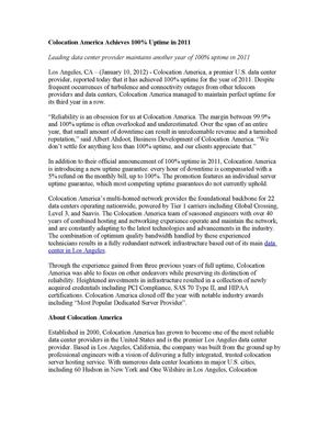 Colocation America Achieves 100% Uptime in 2011