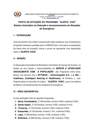 PONTO DE SITUAÇÃO ALERTA VIDA