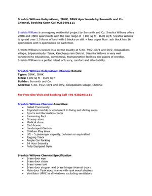 Sreshta Willows Kolapakkam, 2BHK, 3BHK Apartments by Sumanth and Co. Chennai, Booking Open Call 9282401111