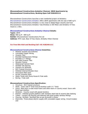 Bhuvaneshwari Constructions Ambattur Chennai, 2BHK Apartments by Bhuvaneshwari Constructions, Booking Open Call 9282401111