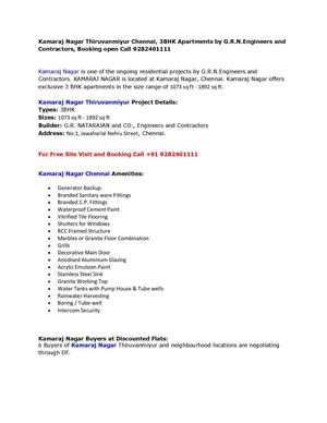 Kamaraj Nagar Thiruvanmiyur Chennai, 3BHK Apartments by G.R.N.Engineers and Contractors, Booking open Call 9282401111