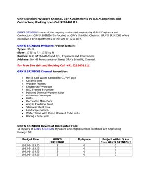 GRN’s Srinidhi Mylapore Chennai, 3BHK Apartments by G.R.N.Engineers and Contractors, Booking open Call 9282401111