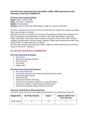 GK Pride Yapral Hyderabad, GK Pride 2BHK, 2.5BHK, 3BHK Apartments by GK Developers, Book Now 9248007333