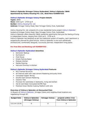 Vishnu's Splendor Srinagar Colony Hyderabad, Vishnu's Splendor 3BHK Apartments by Vishnu Housing Pvt. Ltd., Book Now 9248007333