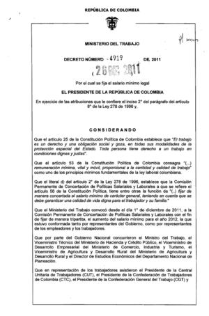 Decreto 4919 de 2011. Salario Mínimo para el año 2012. 