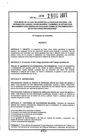 Ley 1496 de 29 de diciembre de 2011. Igualdad Salarial. 