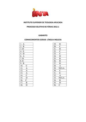 Gabarito - Primeiro Vestibular de Férias 2012.1
