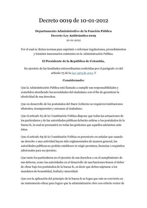 Por el cual se dictan normas para suprimir o reformar regulaciones, procedimientos y trámites innecesarios existentes en la Administración Pública.