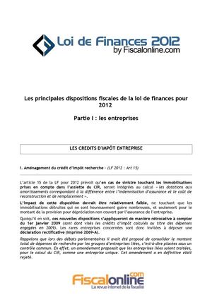 Loi de Finances pour 2012 - Partie I: les principales dispositions intéressant les entreprises