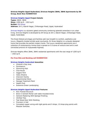 Srinivas Heights Uppal Hyderabad, Srinivas Heights 2BHK, 3BHK Apartments by SH Group, Book Now 9248007333