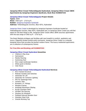 Janapriya Silver Creast Yellareddyguda Hyderabad, Janapriya Silver Creast 3BHK Apartments by Janapriya Engineers Syndicate, Book Now 9248007333