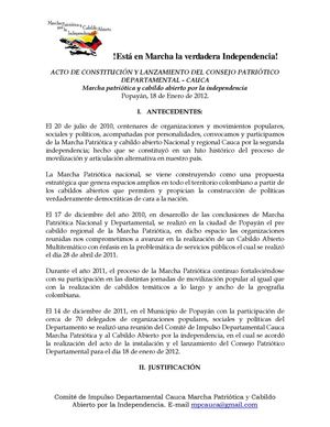 CONVOCATORIA ACTO DE CONSTITUCIÓN Y LANZAMIENTO DEL CONSEJO PATRIÓTICO DEPARTAMENTAL - CAUCA