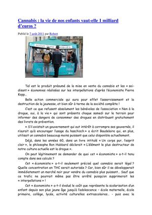 2011 08 07 Cannabis la vie de nos enfants vaut-elle 1 m d'euros