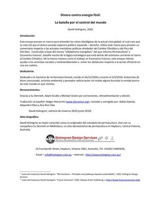 Dinero contra energía fósil: La batalla por el control del mundo. David Holmgren