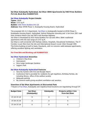 Sai Dhan Kukatpally Hyderabad, Sai Dhan 3BHK Apartments by VGS Prime Builders Pvt Ltd, Book Now 9248007333