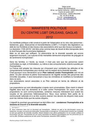 Manifeste politique Centre LGBT Orléans - Présidentielles 2012