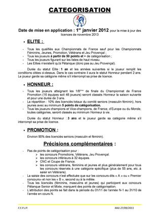 Nouvelle catégorisation et barême des  concours