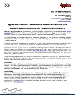 Appian Named Shortlist Leader in Ovum BPM Decision Matrix Report  	