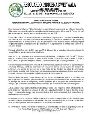 COMUNICADO PÚBLICO - COMUNIDADES INDIGENAS RESGUARDO KWET WALA - Municipio de Pradera - Valle del Cauca