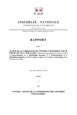 rapport legislatif lionnel LUCA n°2435 mise en place service ferroutage France Italie