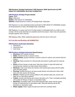 PNR Meadows Dindigal Hyderabad, PNR Meadows 3BHK Apartments by PNR GROUP OF COMPANIES, Book Now 9248007333