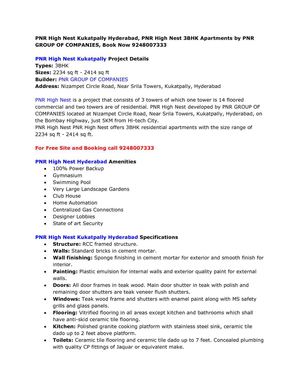 PNR High Nest Kukatpally Hyderabad, PNR High Nest 3BHK Apartments by PNR GROUP OF COMPANIES, Book Now 9248007333