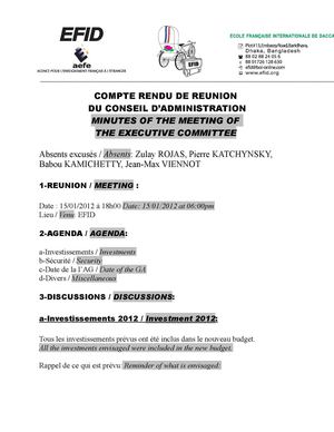 Compte rendu de réunion du CA du 15 janvier 2012