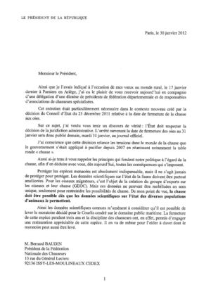 Courrier adressé ce jour, par le président de la république à Bernard Baudin, Président de la FNC.