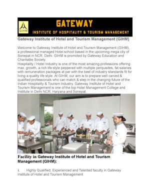 Fabulous and Top Hotel Management School/College in Delhi NCR, Sonepat, Haryana , Hotel Management  School Gateway Institute of Hotel and Tourism Management