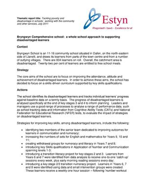 Bryngwyn Comprehensive school: a whole school approach to supporting disadvantaged learnersendance, attitude and the achievement of disadvantaged learners. 