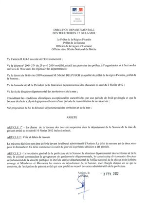 Arrêté bécasse 03/02/2012