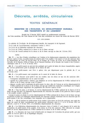 Prélèvements oies au JO du 03/02/2012