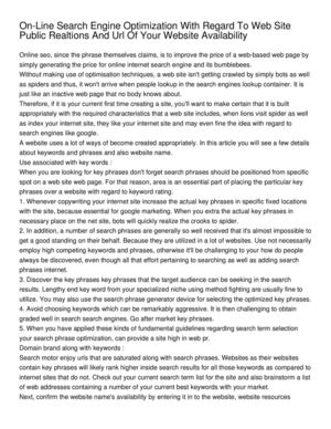 On-Line Search Engine Optimization With Regard To Web Site Public Realtions And Url Of Your Website Availability