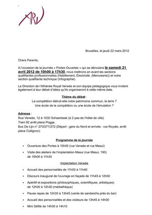 Journée "Portes Ouvertes" du 21 avril 2012 à l'Athénée Royal Verwée