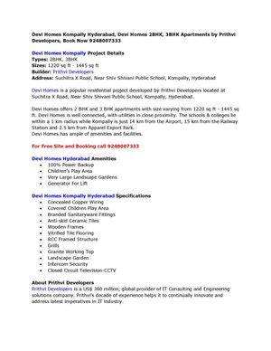 Devi Homes Kompally Hyderabad, Devi Homes 2BHK, 3BHK Apartments by Prithvi Developers, Book Now 9248007333