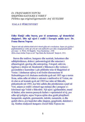 SHQIPËRIA KATOLIKE E VERIUT, NGA DR. FRANZ BARON NOPCSA