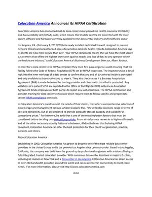 Colocation America Announces its HIPAA Certification