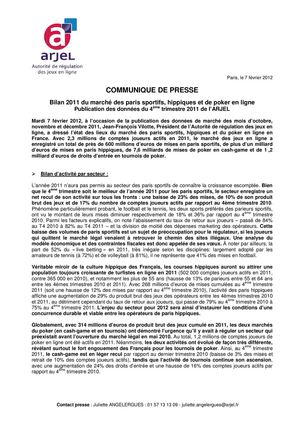 COMMUNIQUE DE PRESSE - Bilan du 4ème trimestre 2011 de l’ARJEL