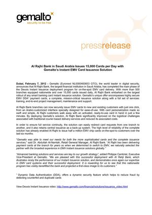 Al Rajhi Bank in Saudi Arabia Issues 15,000 Cards per Day with  Gemalto’s Instant EMV Card Issuance Solution