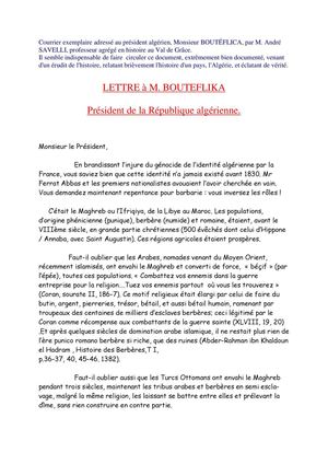 LETTRE à M. BOUTEFLIKA Président de la République algérienne.