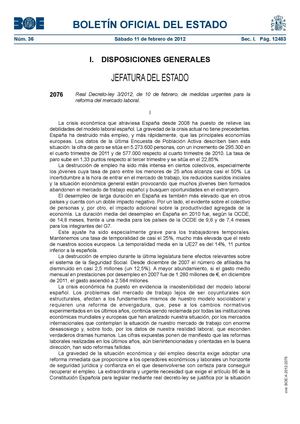 Real Decreto-ley 3/2012, de 10 de febrero, de medidas urgentes para la reforma del mercado laboral.