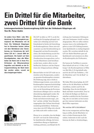 Ein Drittel für die Mitarbeiter, zwei Drittel für die Bank - Leistungsorientierte Zusatzvergütung (LZV) bei der Volksbank Göppingen von Dr. Peter Aubin