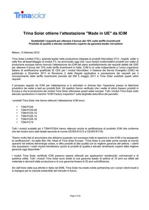 Trina Solar ottiene l’attestazione "Made in UE" da ICIM