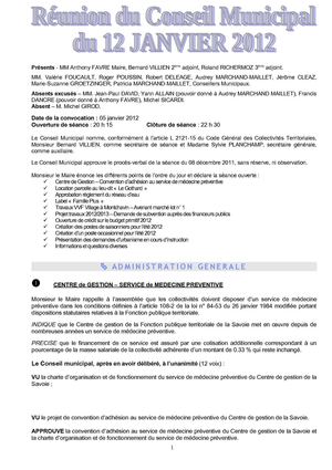 Compte rendu du conseil municipal de Bellentre du 12 janvier 2012