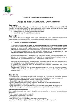 Recrutement chargé de mission agriculture / environnement